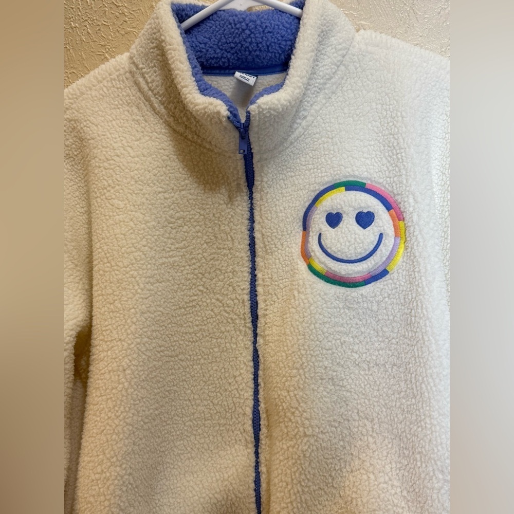 Old Navy Girls White Fleece Sherpa Jacket Embroidered Rainbow Smiley XL 14-16 - Picture 2 of 6